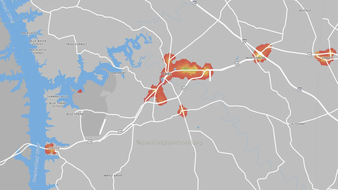 Walk Grade map of Trigg County, KY, walkable areas in green and car-dependent areas in red