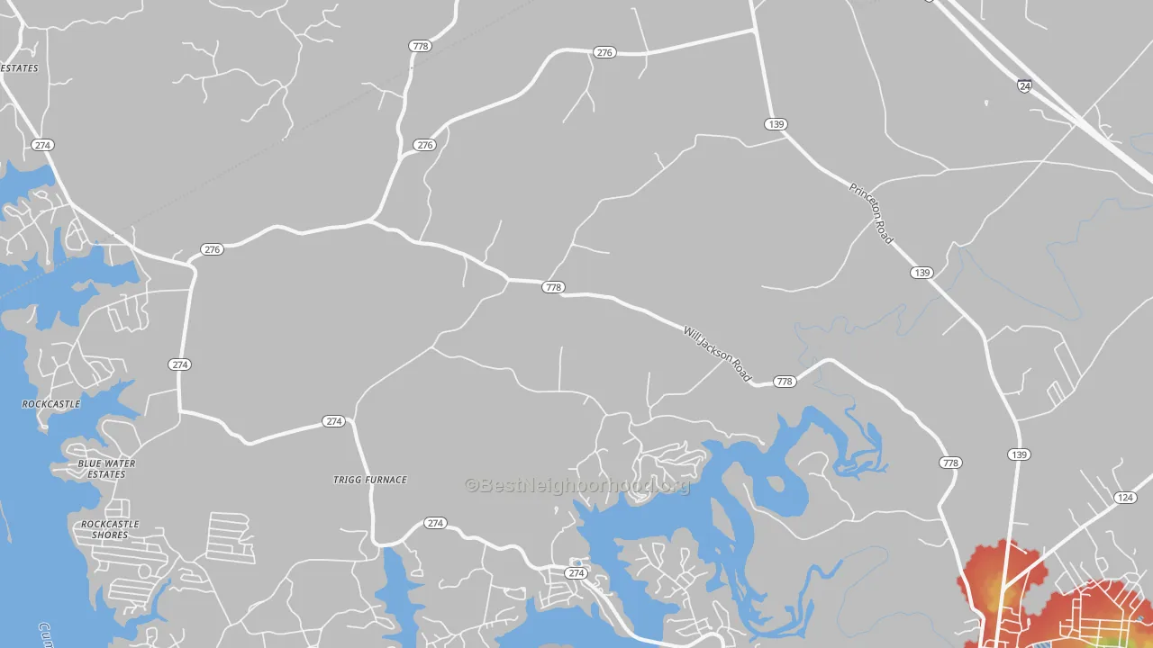 Walk Grade map of Trigg Furnace, KY, walkable areas in green and car-dependent areas in red