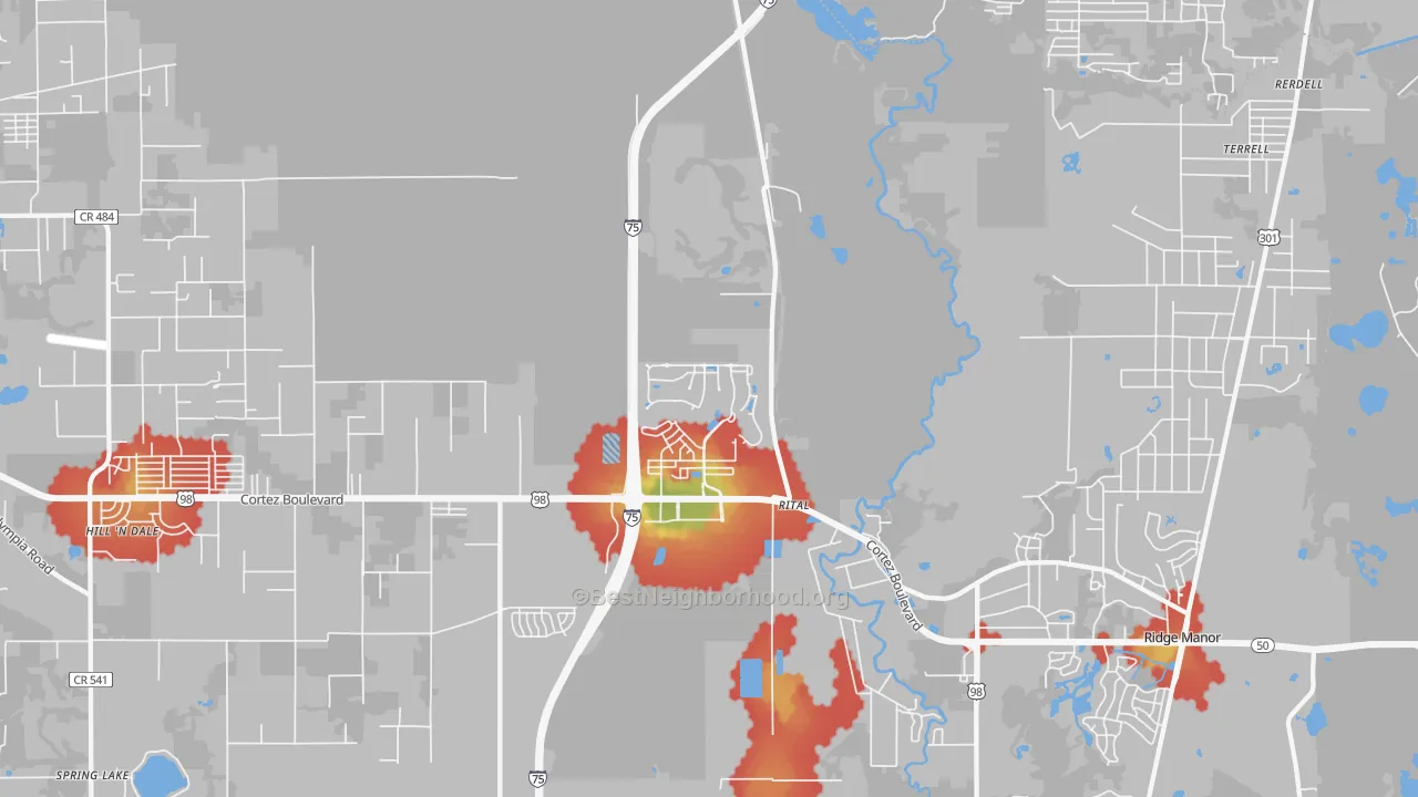 Walk Grade map of Trilby, FL, walkable areas in green and car-dependent areas in red