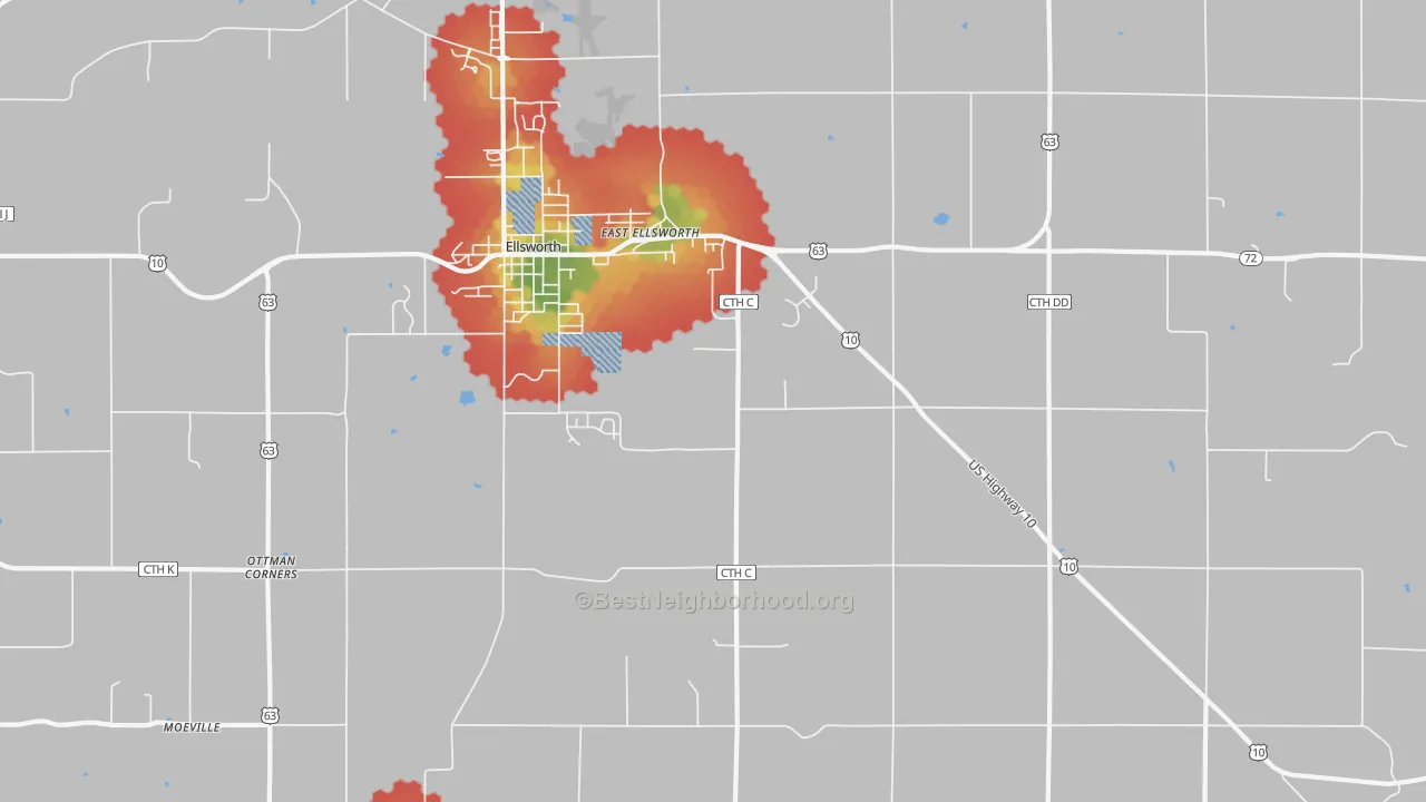 Walk Grade map of Trimbelle, WI, walkable areas in green and car-dependent areas in red