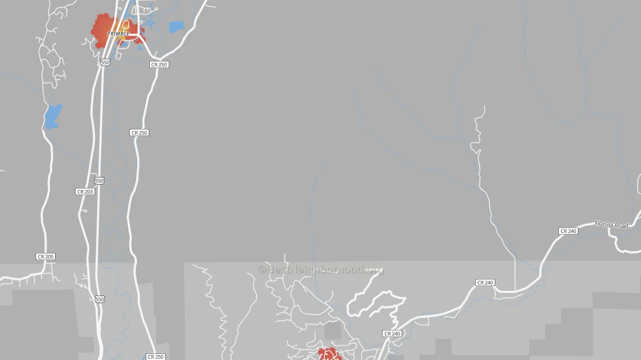Walk Grade map of Trimble, CO, walkable areas in green and car-dependent areas in red