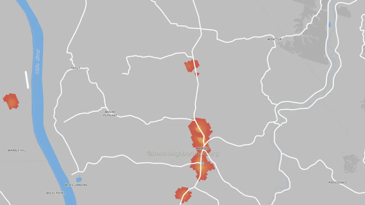 Walk Grade map of Trimble County, KY, walkable areas in green and car-dependent areas in red