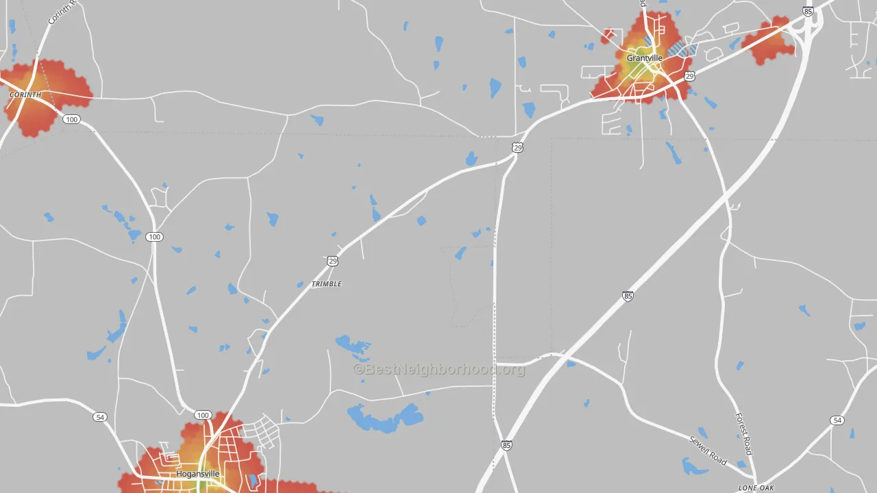 Walk Grade map of Trimble, GA, walkable areas in green and car-dependent areas in red