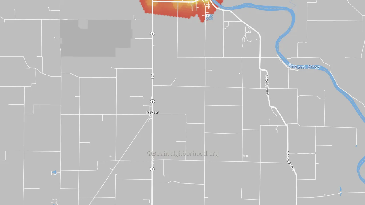 Walk Grade map of Trimble, IL, walkable areas in green and car-dependent areas in red