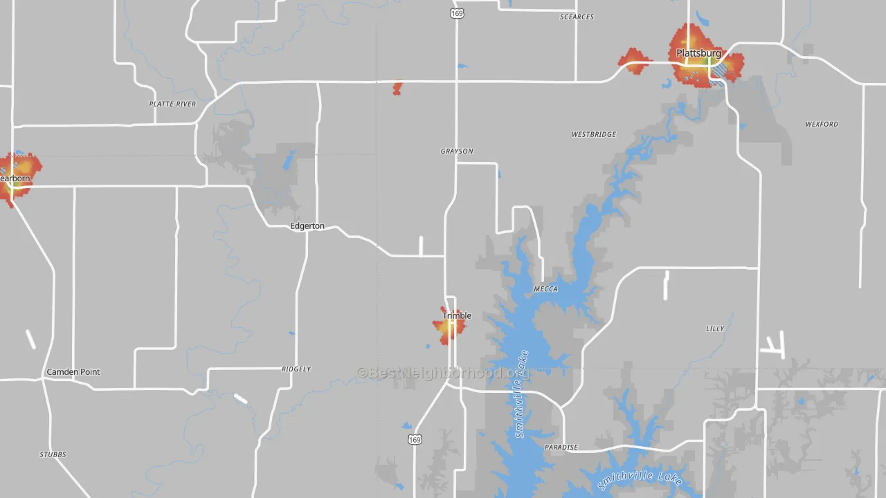 Walk Grade map of Trimble, MO, walkable areas in green and car-dependent areas in red