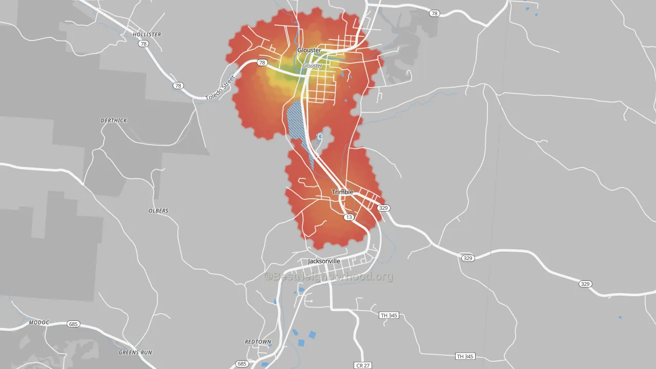 Walk Grade map of Trimble, OH, walkable areas in green and car-dependent areas in red