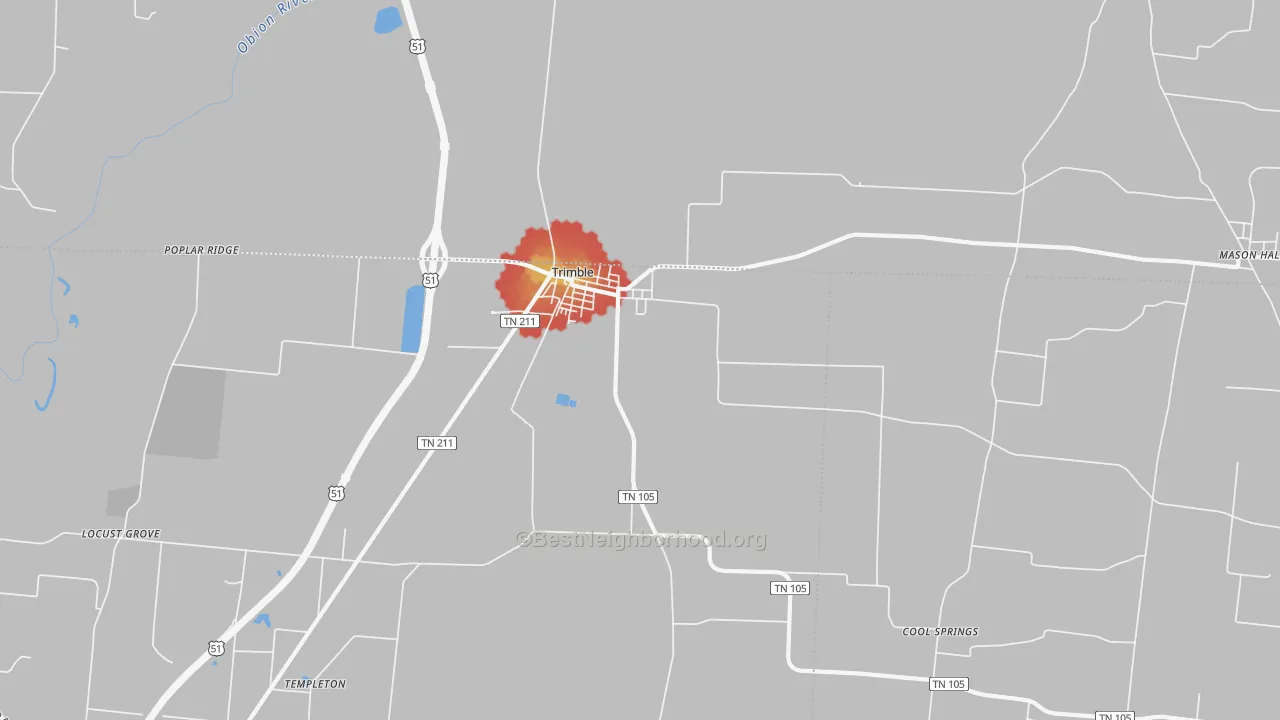Walk Grade map of Trimble, TN, walkable areas in green and car-dependent areas in red