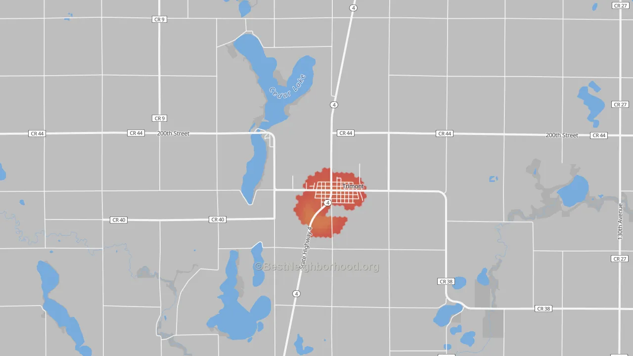 Walk Grade map of Trimont, MN, walkable areas in green and car-dependent areas in red