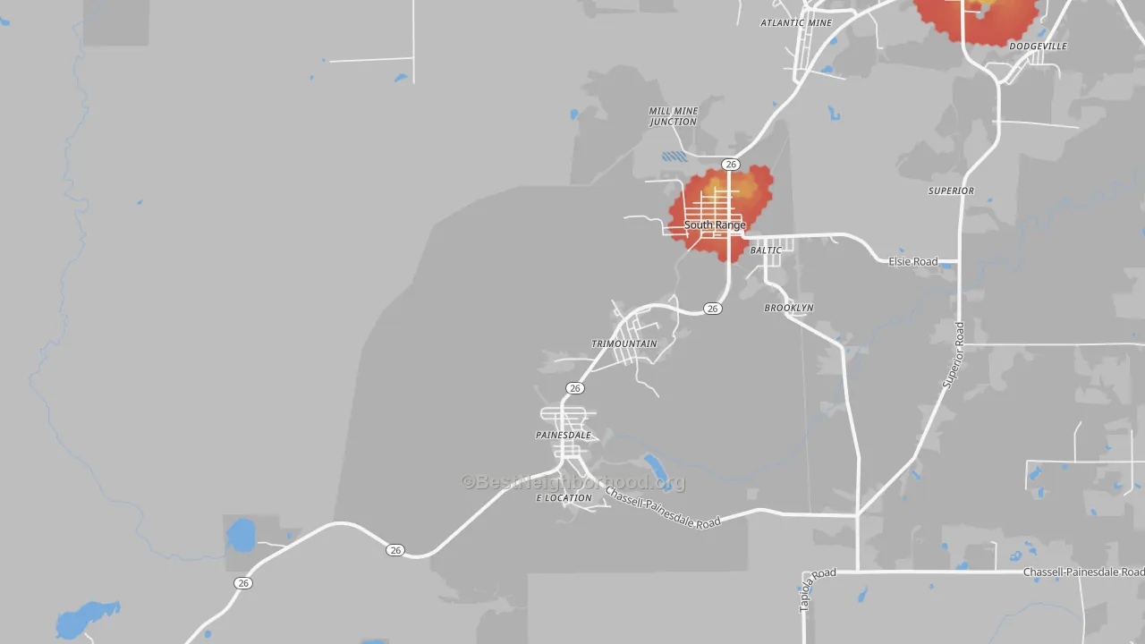 Walk Grade map of Trimountain, MI, walkable areas in green and car-dependent areas in red