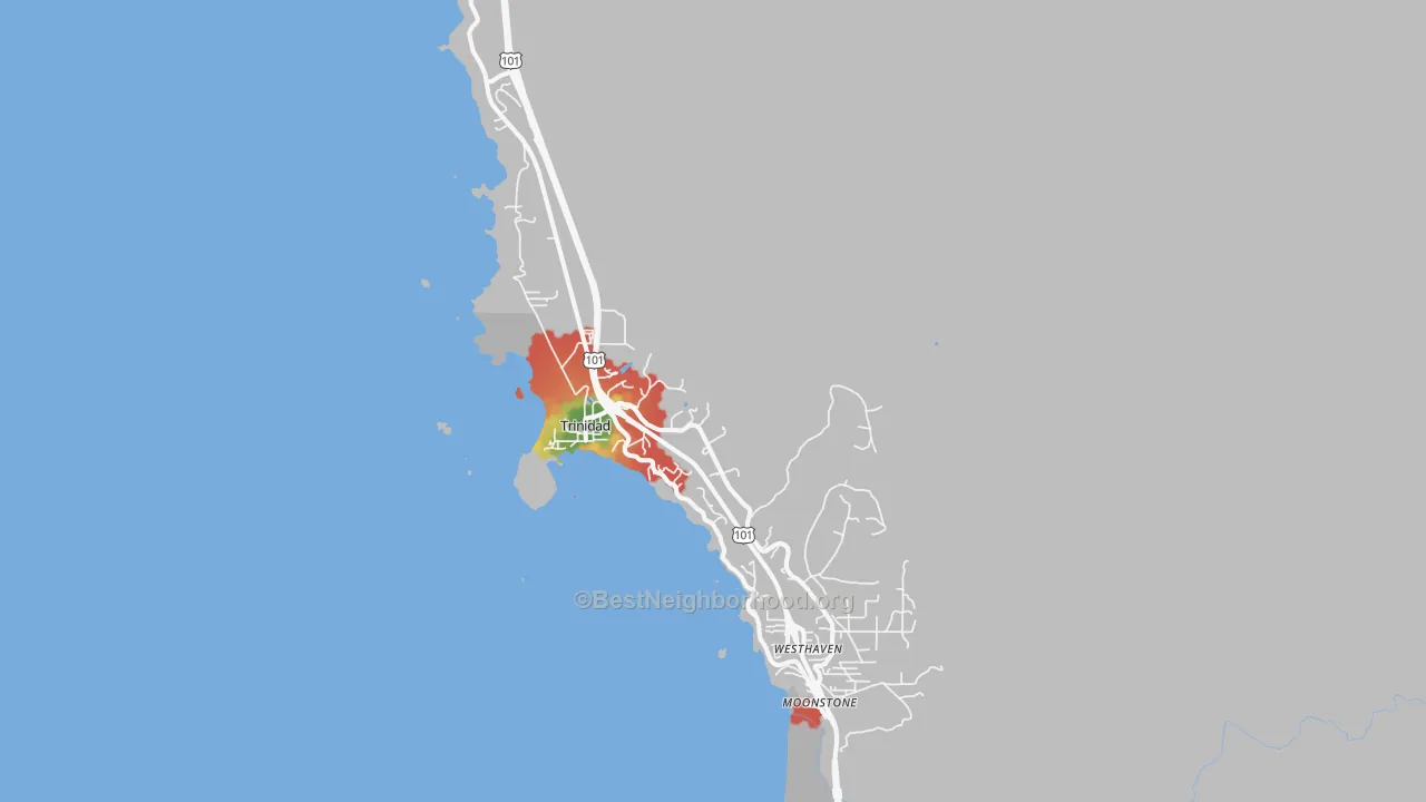 Walk Grade map of Trinidad, CA, walkable areas in green and car-dependent areas in red