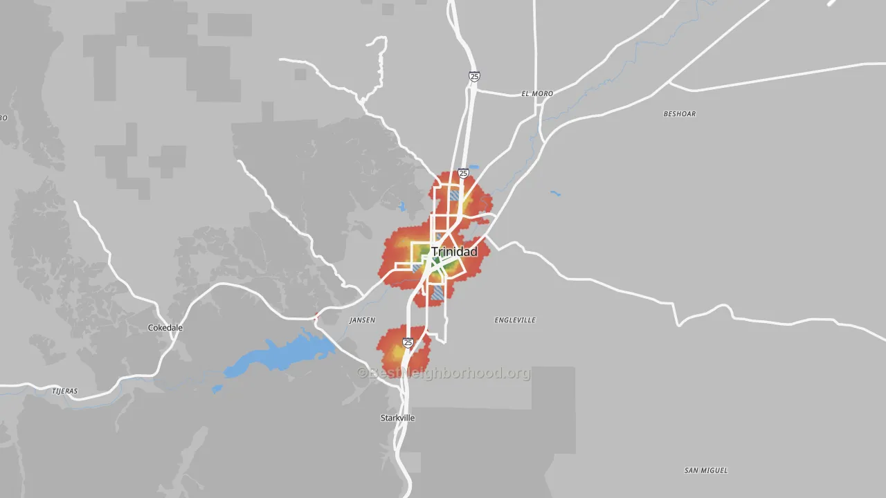 Walk Grade map of Trinidad, CO, walkable areas in green and car-dependent areas in red