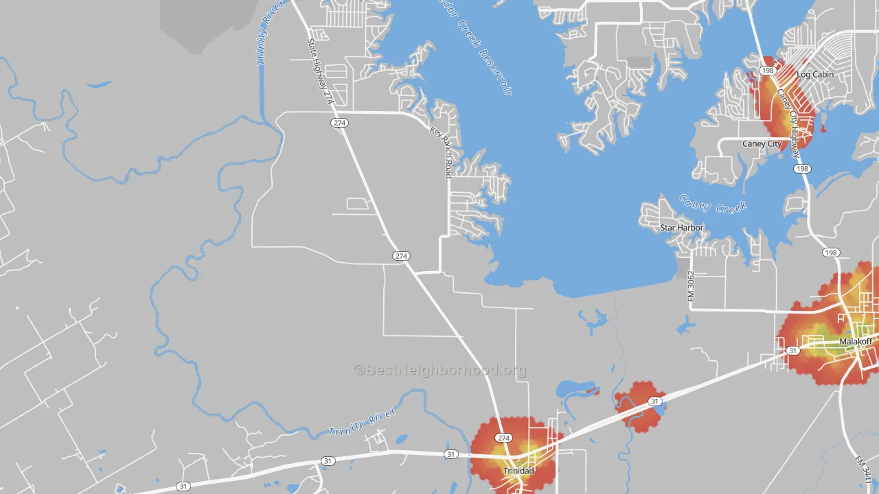 Walk Grade map of Trinidad, TX, walkable areas in green and car-dependent areas in red