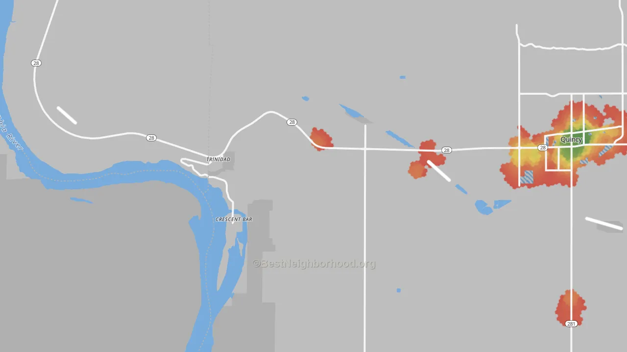 Walk Grade map of Trinidad, WA, walkable areas in green and car-dependent areas in red
