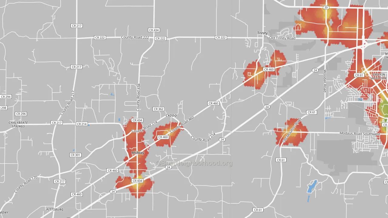 Walk Grade map of Trinity, AL, walkable areas in green and car-dependent areas in red
