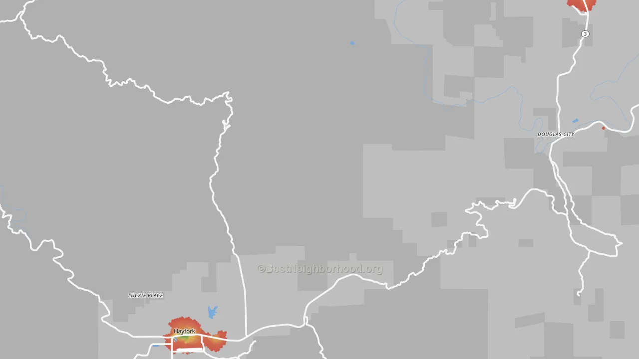 Walk Grade map of Trinity County, CA, walkable areas in green and car-dependent areas in red