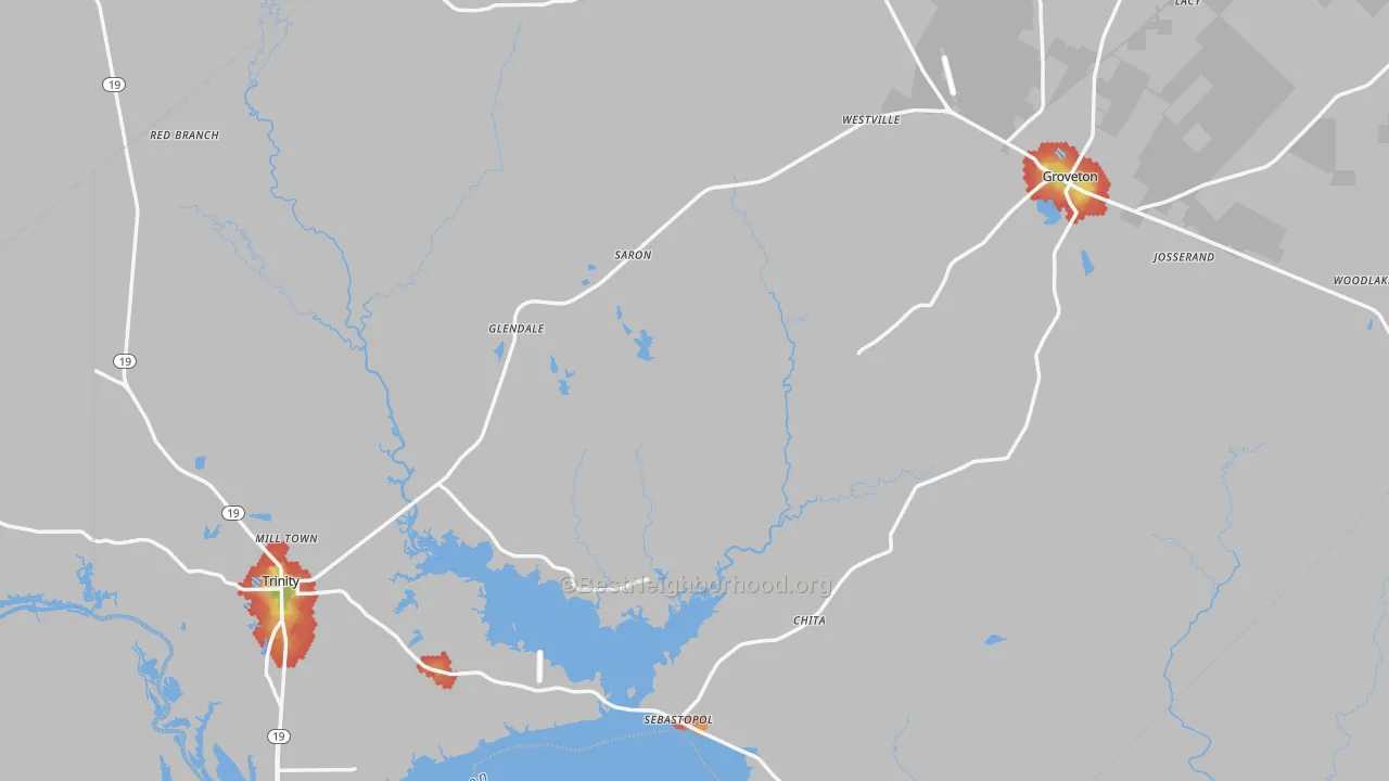 Walk Grade map of Trinity County, TX, walkable areas in green and car-dependent areas in red