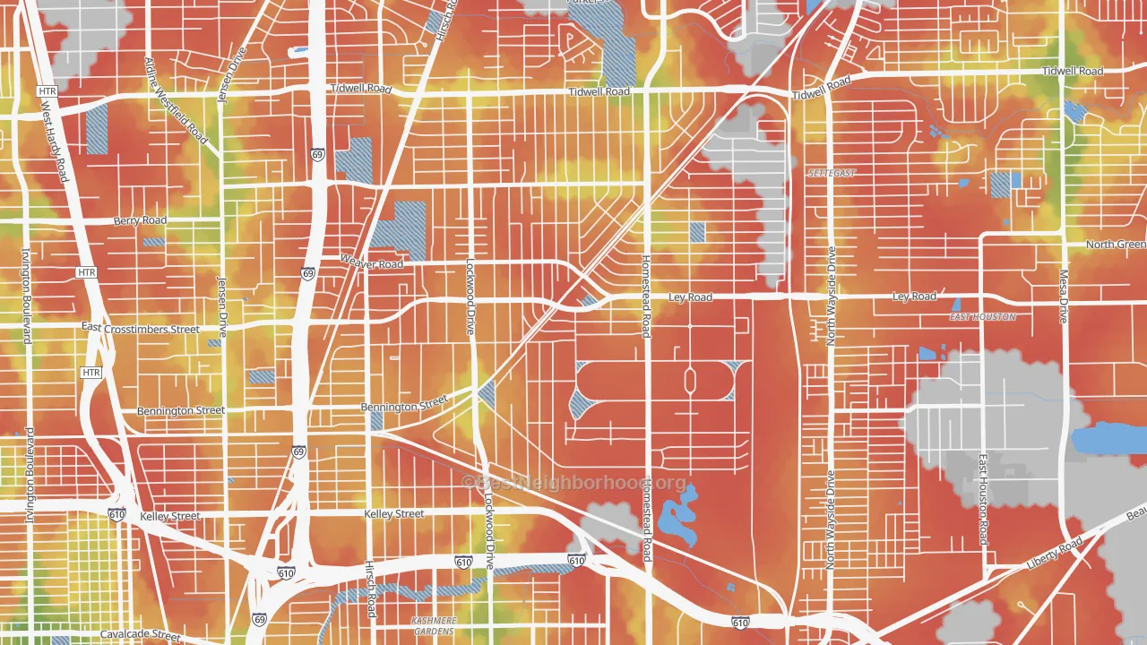 Walk Grade map of Trinity-Houston Gardens, Houston, TX, walkable areas in green and car-dependent areas in red