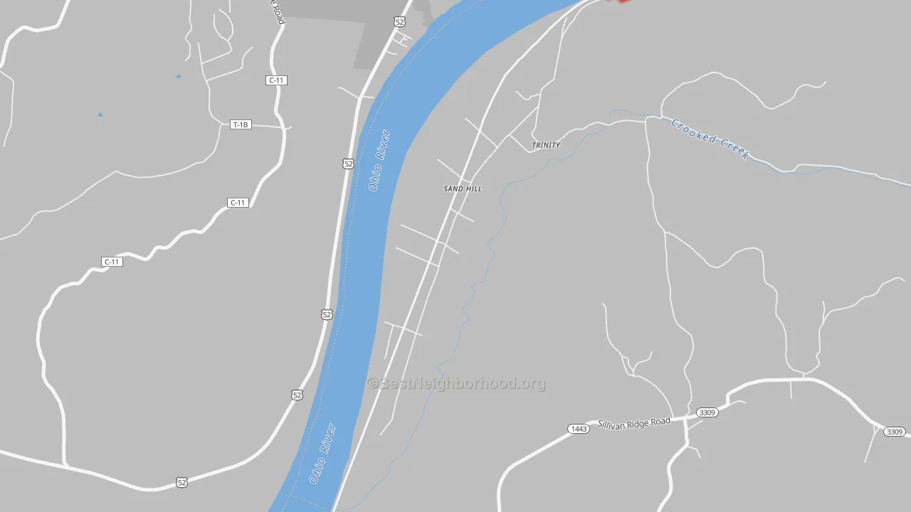 Walk Grade map of Trinity, KY, walkable areas in green and car-dependent areas in red