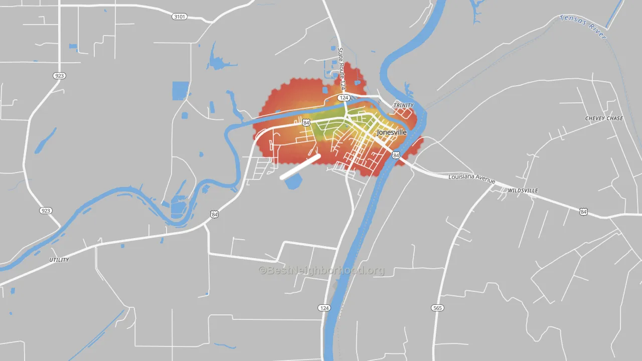 Walk Grade map of Trinity, LA, walkable areas in green and car-dependent areas in red