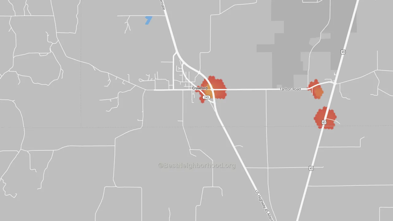 Walk Grade map of Trinity, MS, walkable areas in green and car-dependent areas in red