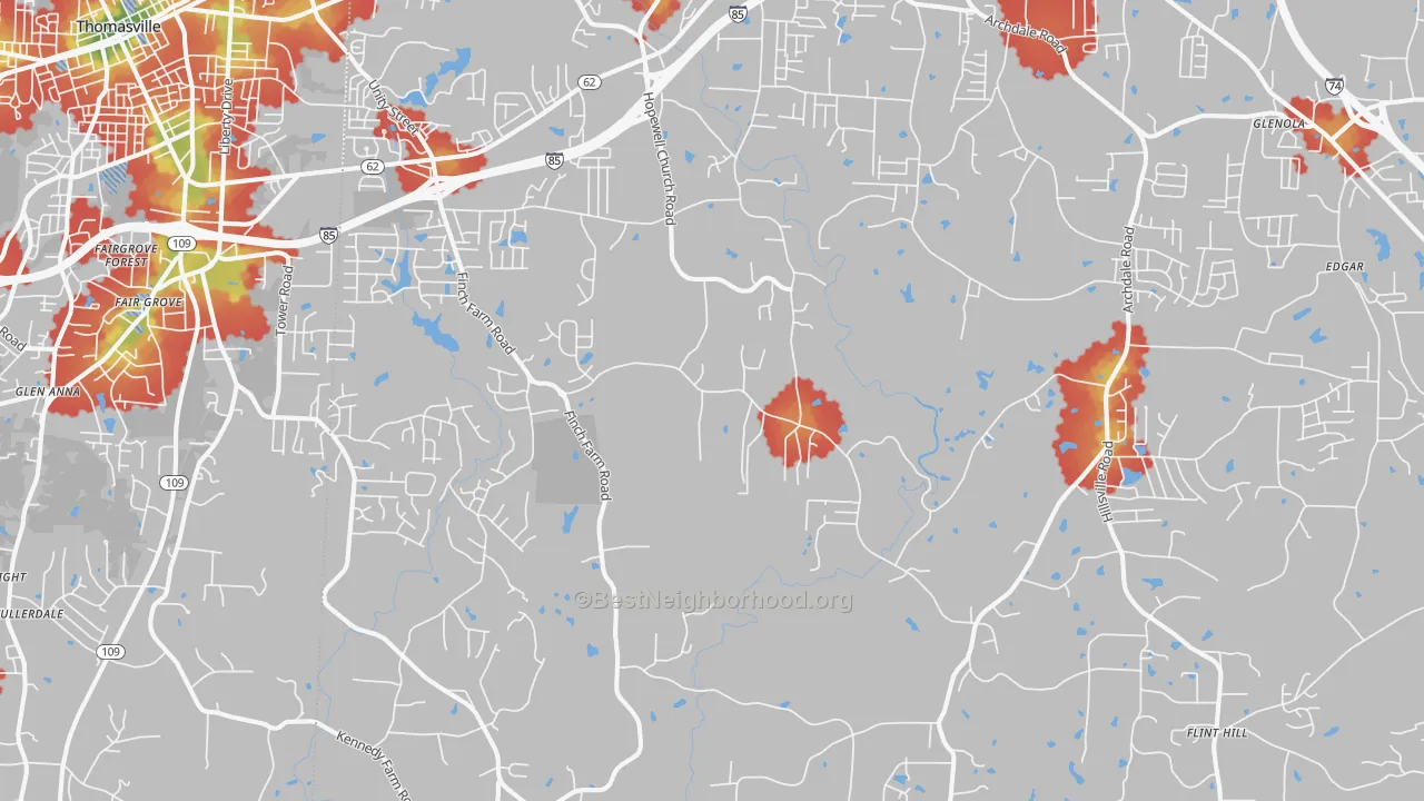Walk Grade map of Trinity, NC, walkable areas in green and car-dependent areas in red