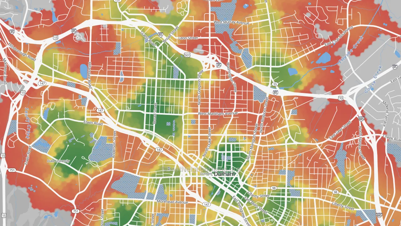 Walk Grade map of Trinity Park, Durham, NC, walkable areas in green and car-dependent areas in red