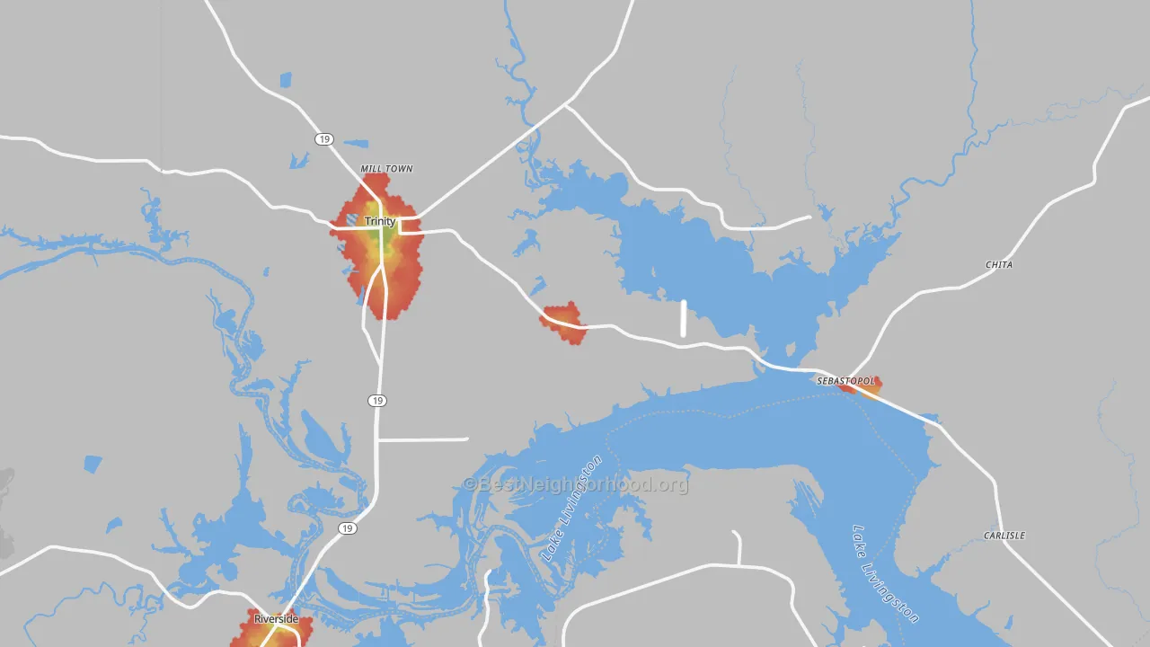 Walk Grade map of Trinity, TX, walkable areas in green and car-dependent areas in red