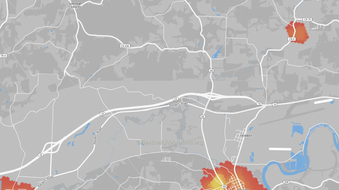 Walk Grade map of Trinway, OH, walkable areas in green and car-dependent areas in red