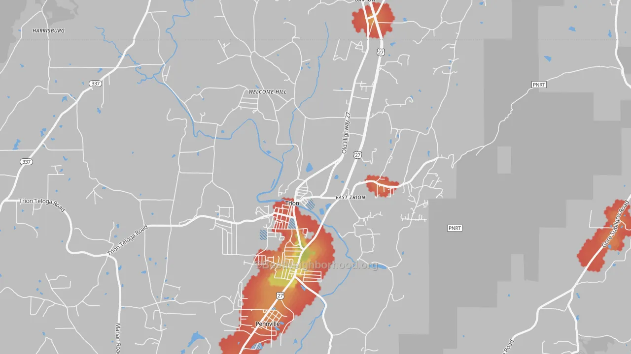 Walk Grade map of Trion, GA, walkable areas in green and car-dependent areas in red