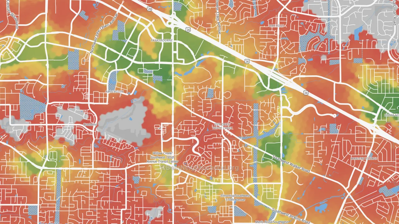 Walk Grade map of Triple Creek, Beaverton, OR, walkable areas in green and car-dependent areas in red