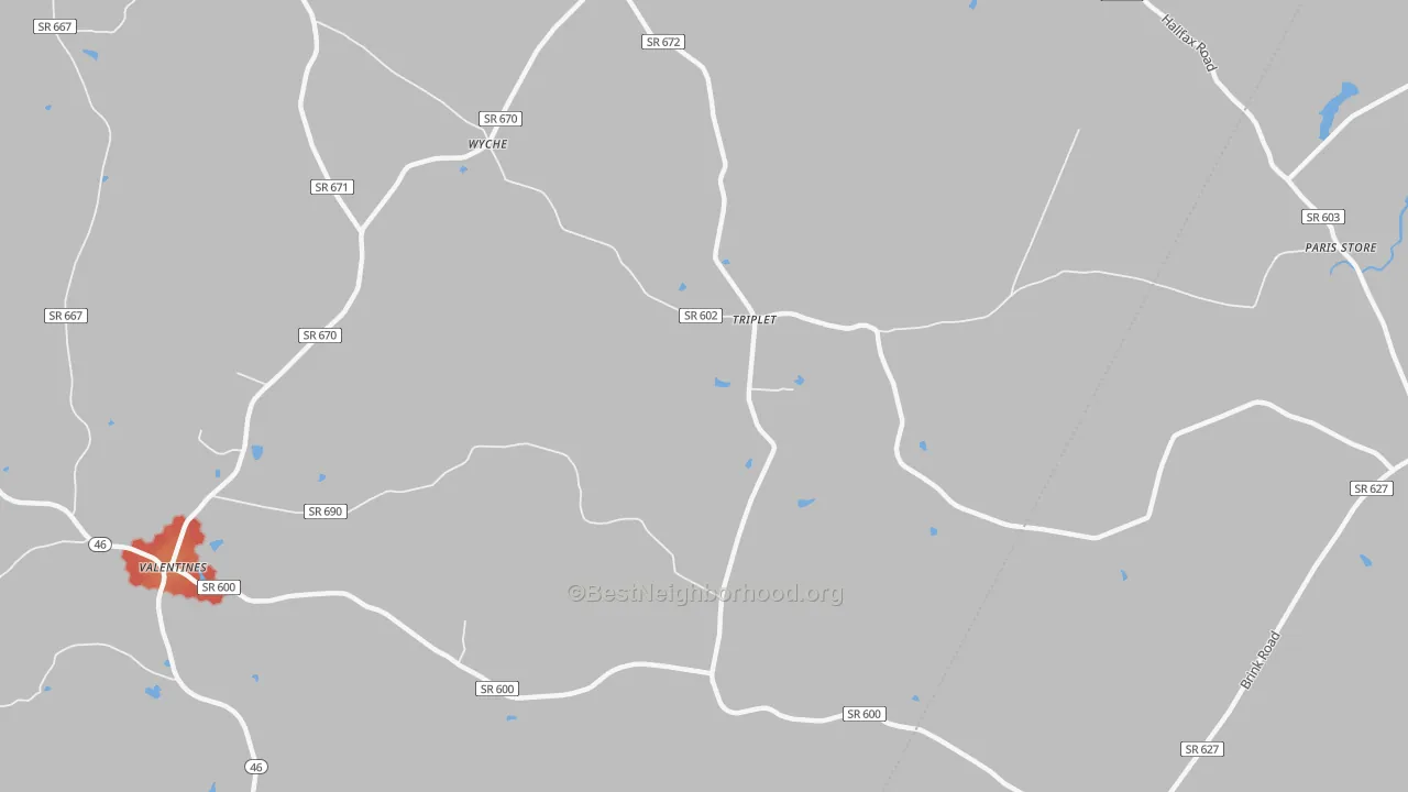 Walk Grade map of Triplet, VA, walkable areas in green and car-dependent areas in red