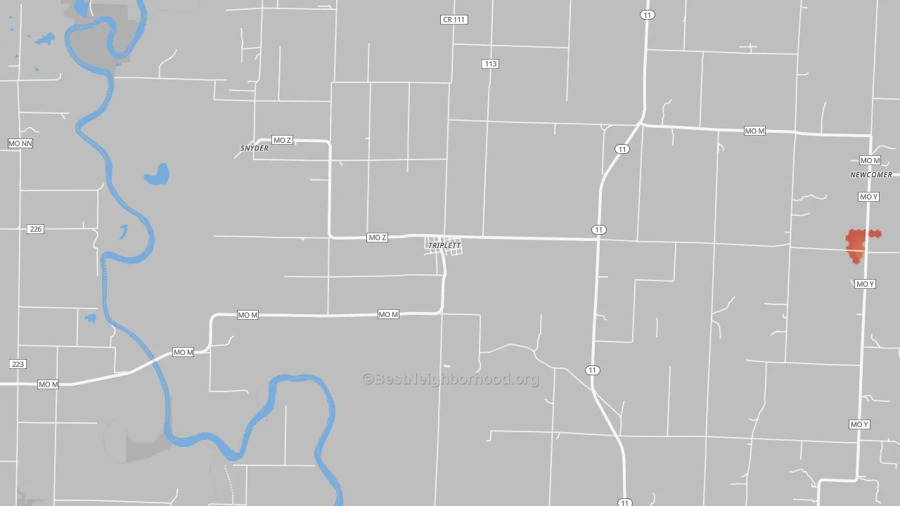 Walk Grade map of Triplett, MO, walkable areas in green and car-dependent areas in red