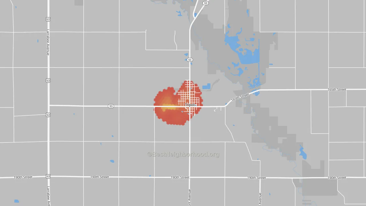 Walk Grade map of Tripoli, IA, walkable areas in green and car-dependent areas in red