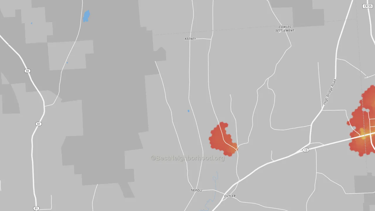 Walk Grade map of Tripoli, NY, walkable areas in green and car-dependent areas in red