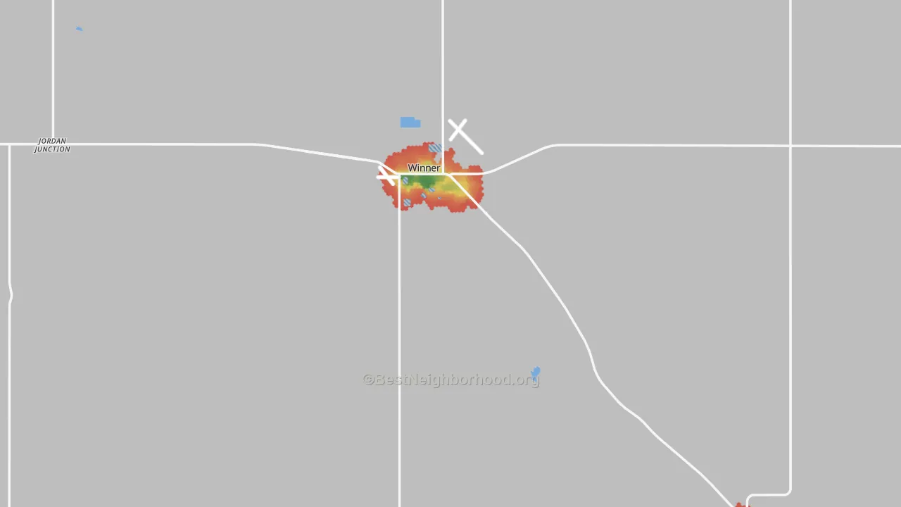 Walk Grade map of Tripp County, SD, walkable areas in green and car-dependent areas in red