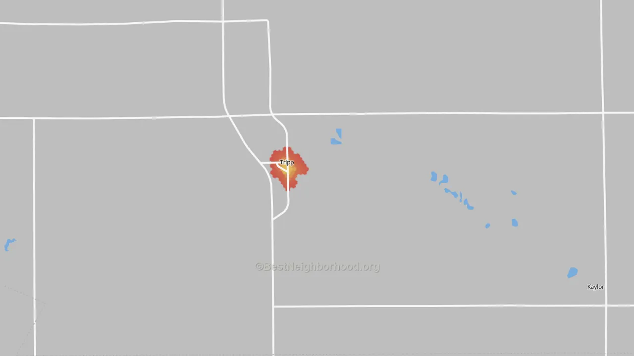 Walk Grade map of Tripp, SD, walkable areas in green and car-dependent areas in red