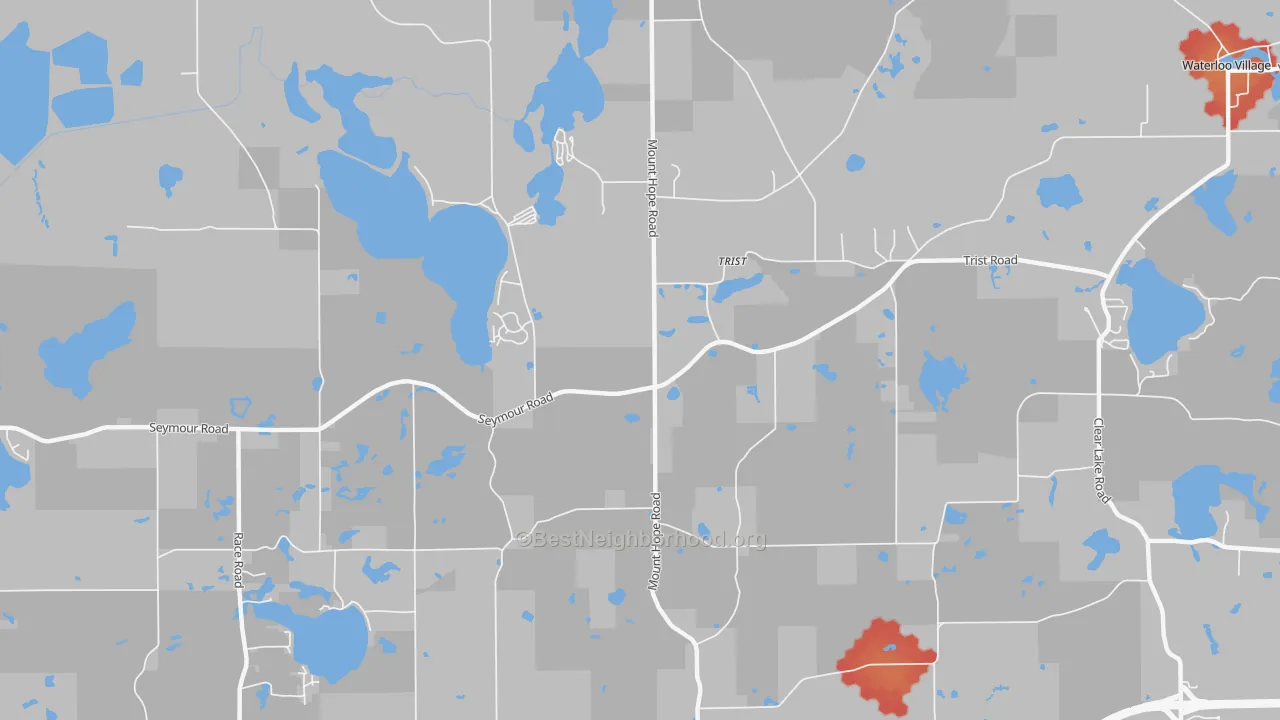 Walk Grade map of Trist, MI, walkable areas in green and car-dependent areas in red