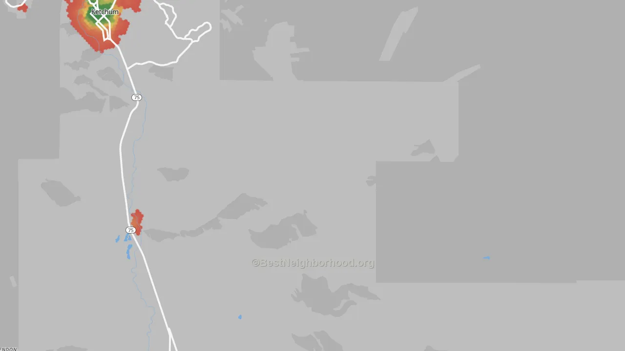 Walk Grade map of Triumph, ID, walkable areas in green and car-dependent areas in red