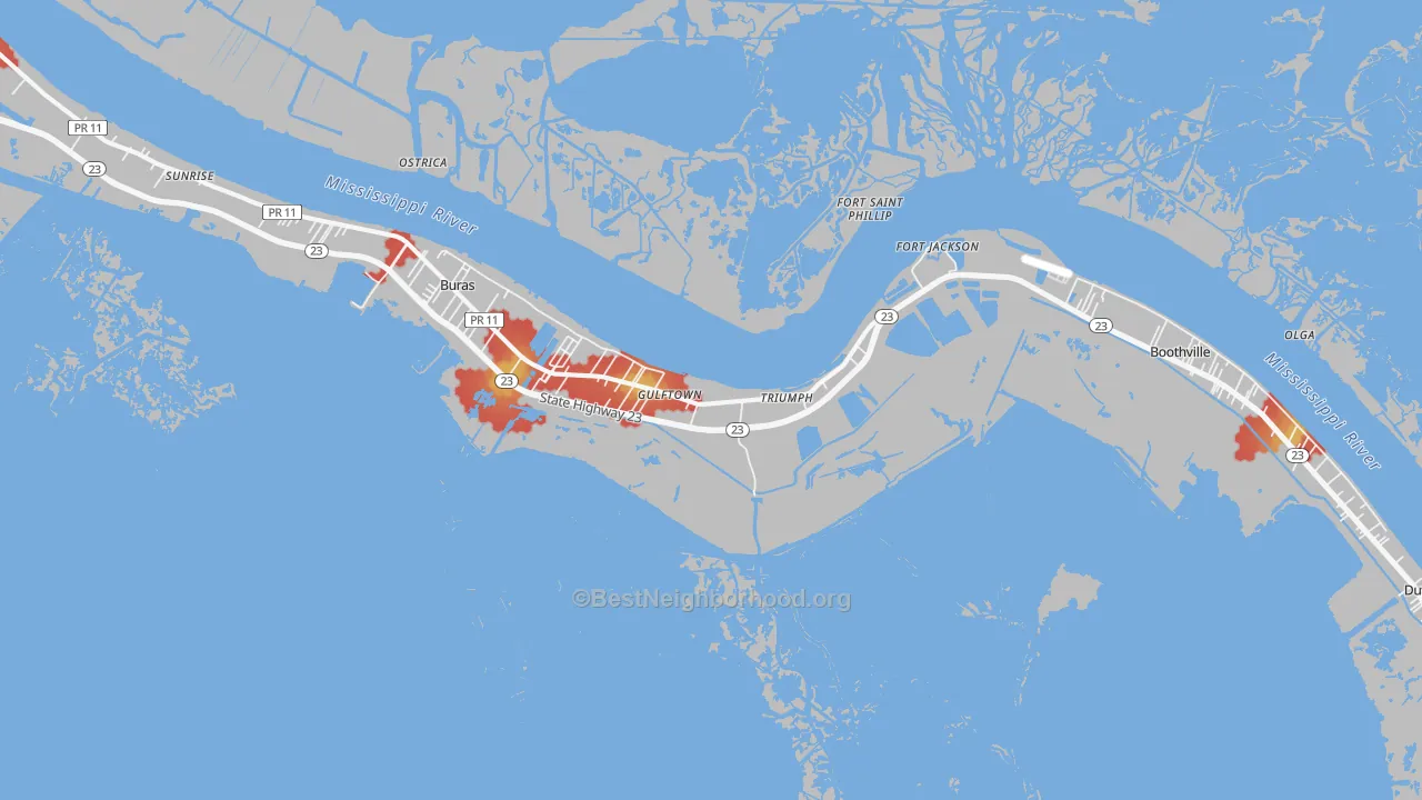 Walk Grade map of Triumph, LA, walkable areas in green and car-dependent areas in red