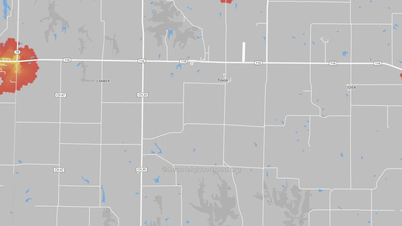 Walk Grade map of Trivoli, IL, walkable areas in green and car-dependent areas in red