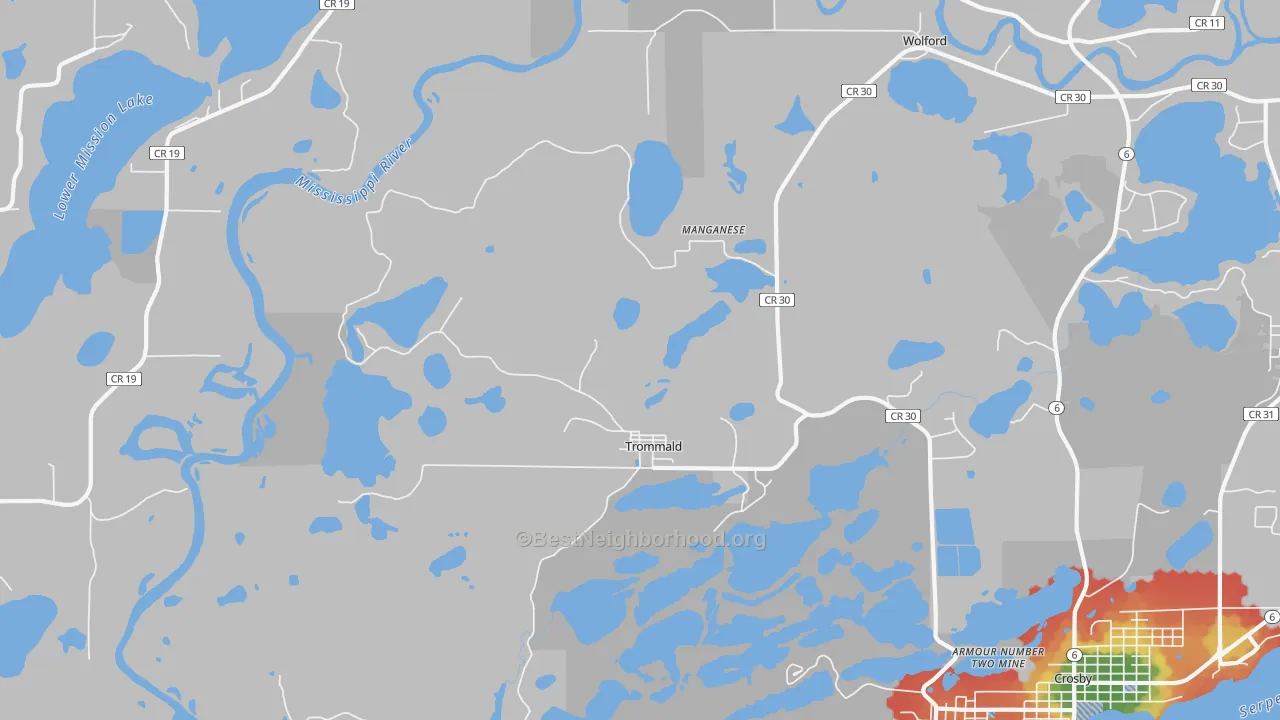 Walk Grade map of Trommald, MN, walkable areas in green and car-dependent areas in red