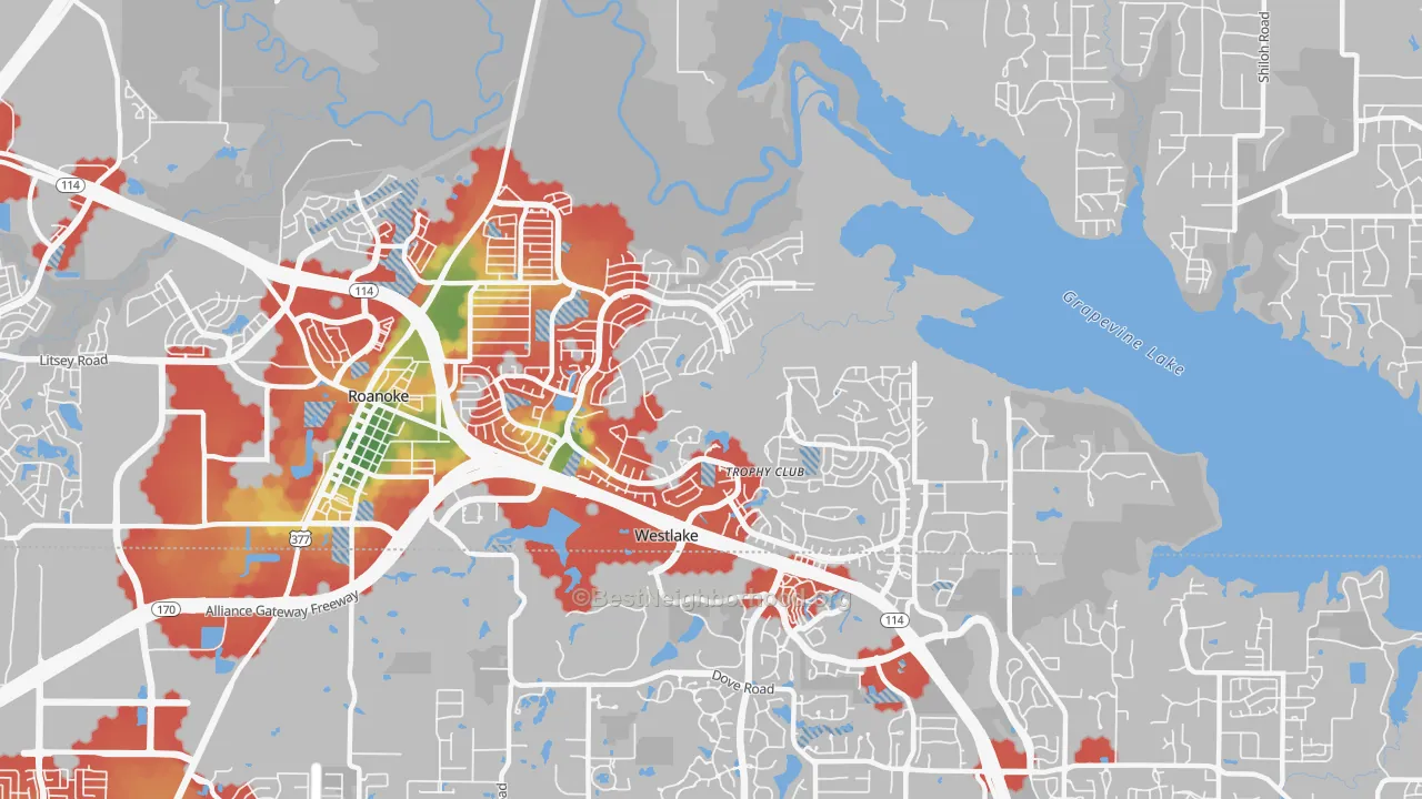 Walk Grade map of Trophy Club, TX, walkable areas in green and car-dependent areas in red