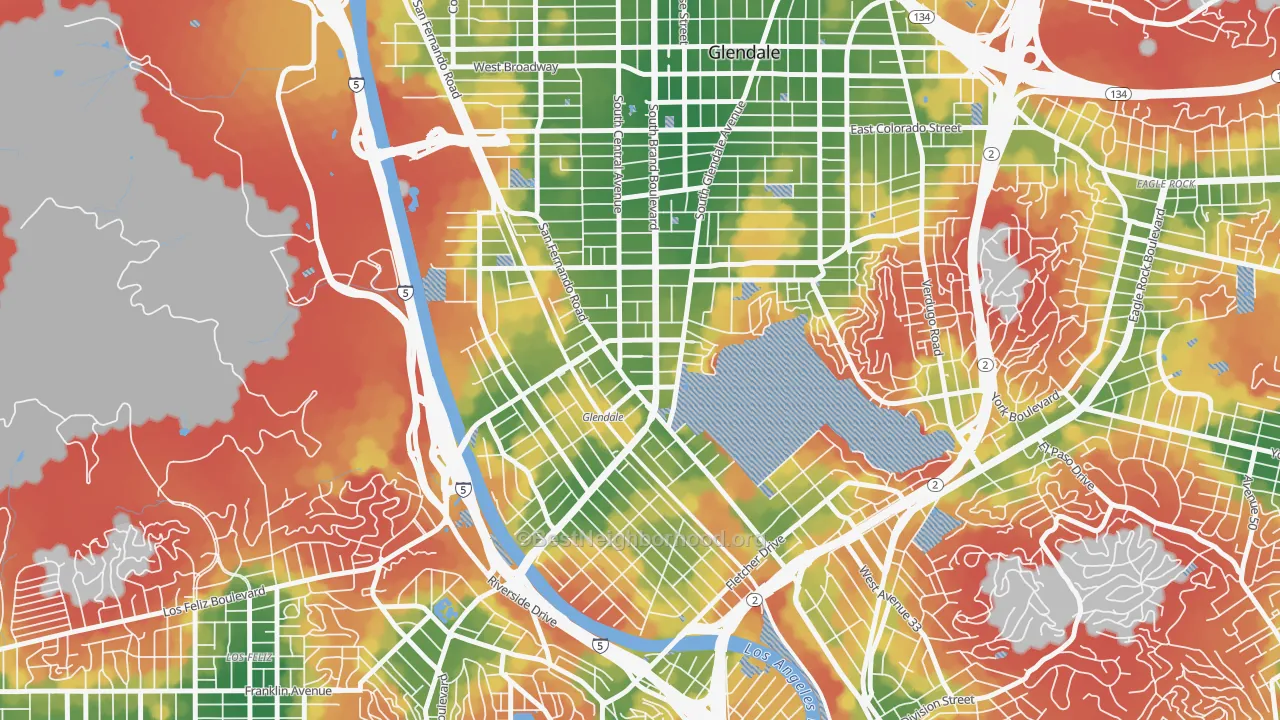 Walk Grade map of Tropico, Glendale, CA, walkable areas in green and car-dependent areas in red