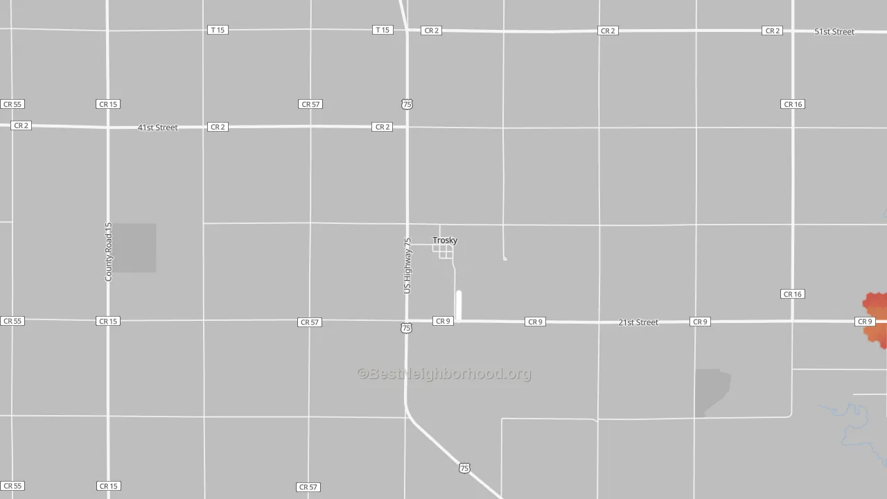 Walk Grade map of Trosky, MN, walkable areas in green and car-dependent areas in red