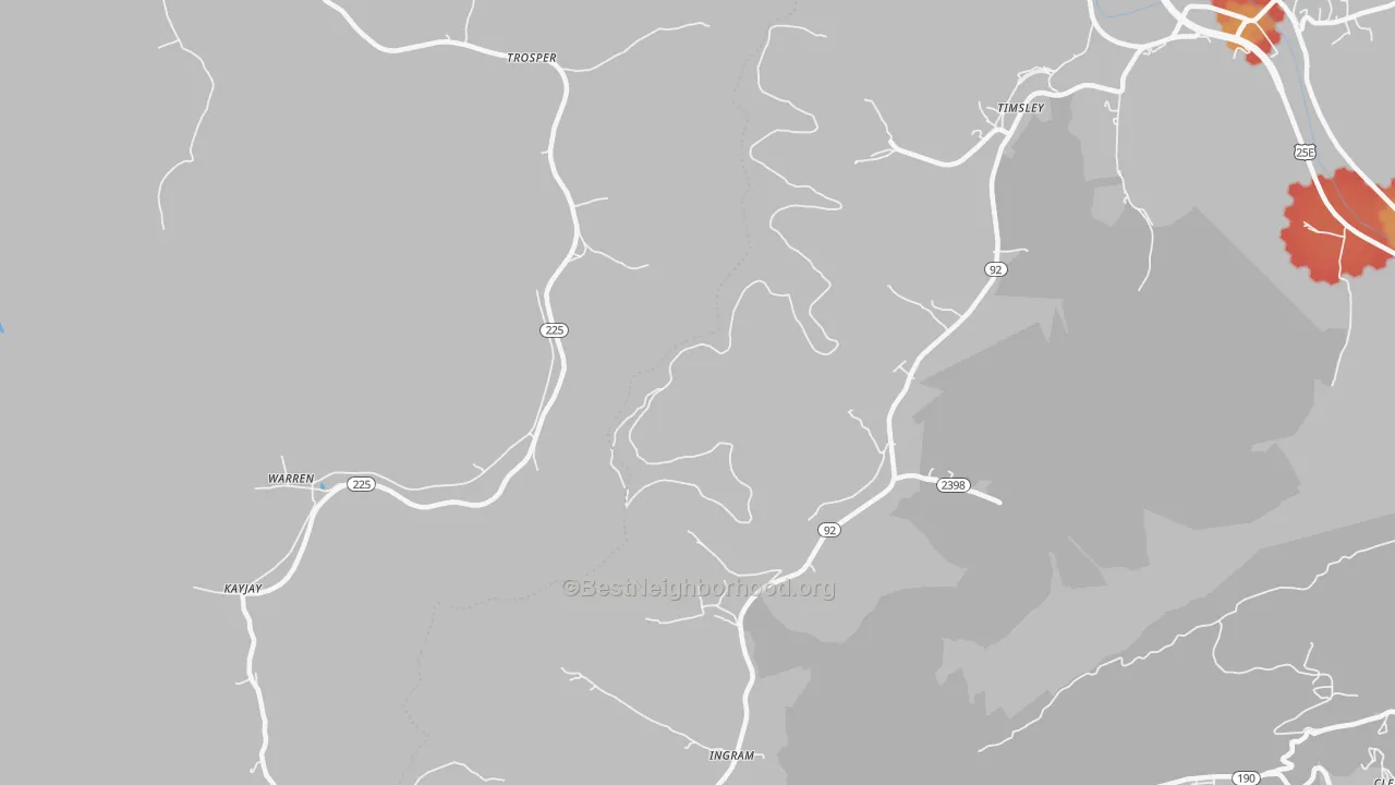 Walk Grade map of Trosper, KY, walkable areas in green and car-dependent areas in red