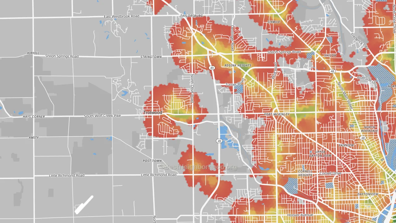 Walk Grade map of Trotwood, OH, walkable areas in green and car-dependent areas in red