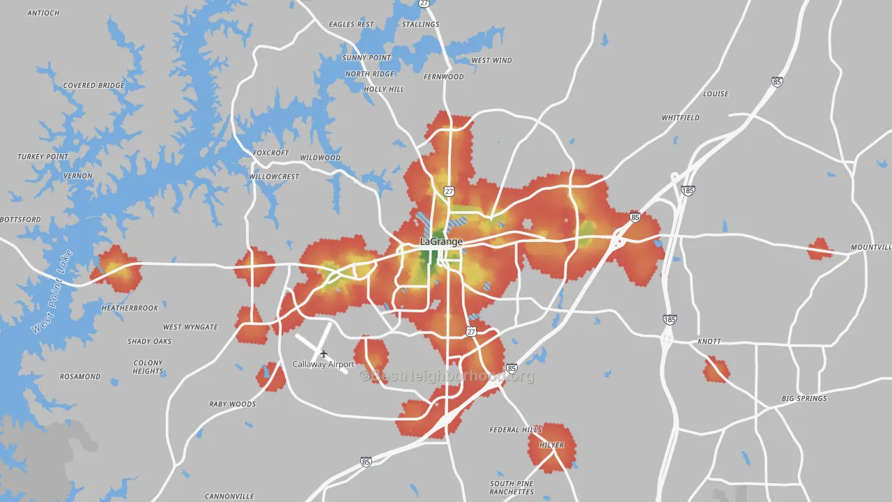 Walk Grade map of Troup County, GA, walkable areas in green and car-dependent areas in red