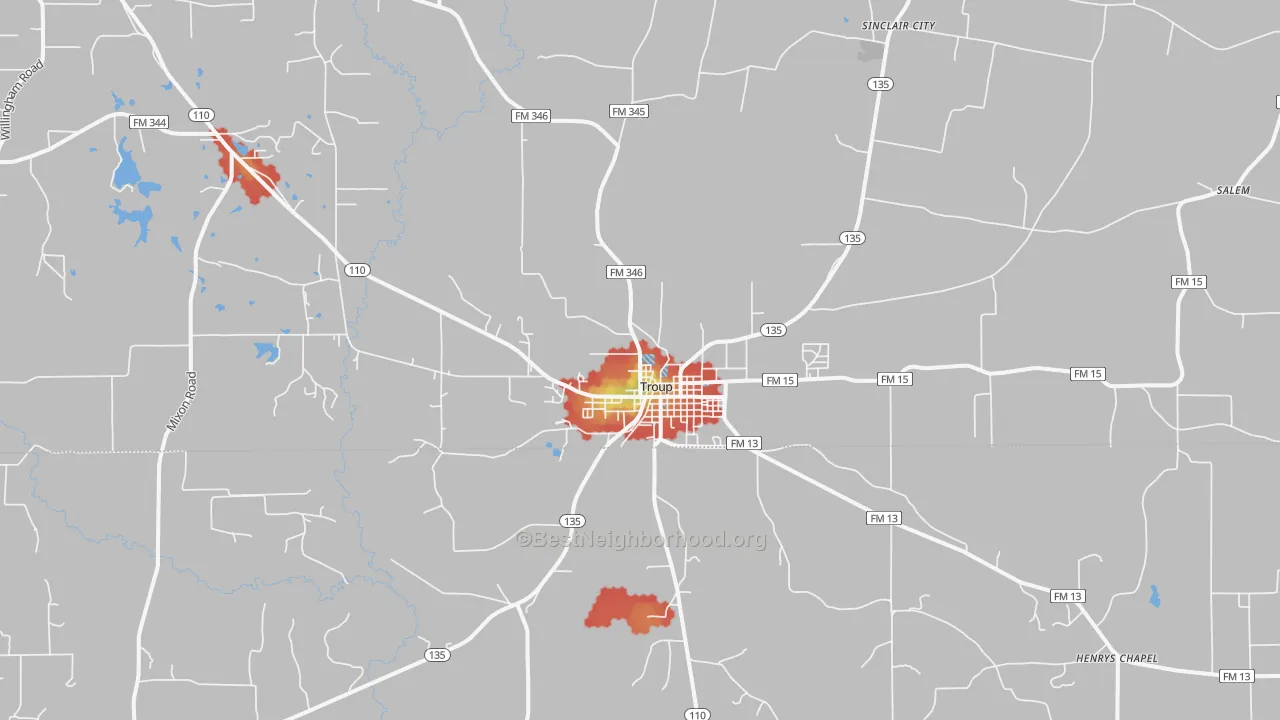 Walk Grade map of Troup, TX, walkable areas in green and car-dependent areas in red