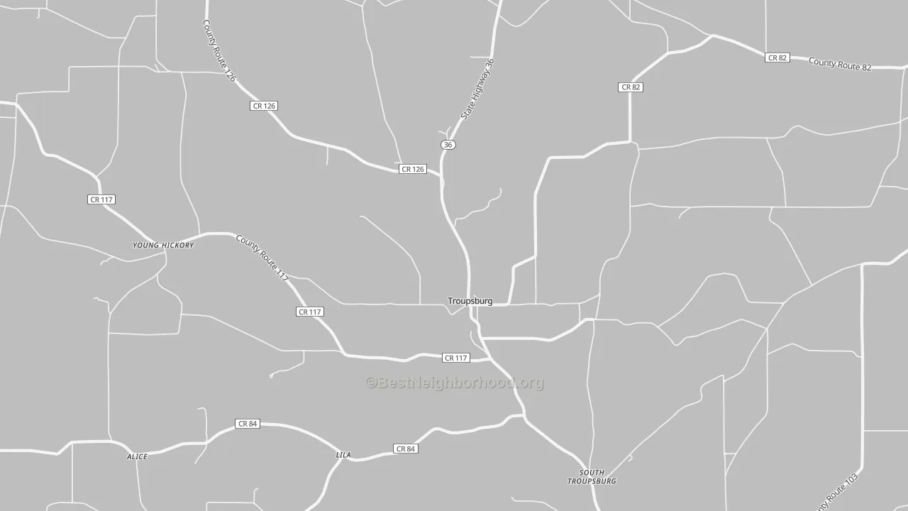 Walk Grade map of Troupsburg, NY, walkable areas in green and car-dependent areas in red