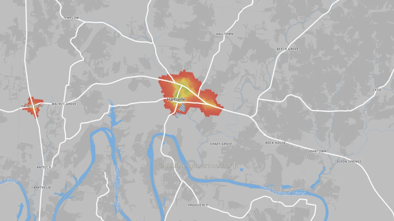 Walk Grade map of Trousdale County, TN, walkable areas in green and car-dependent areas in red